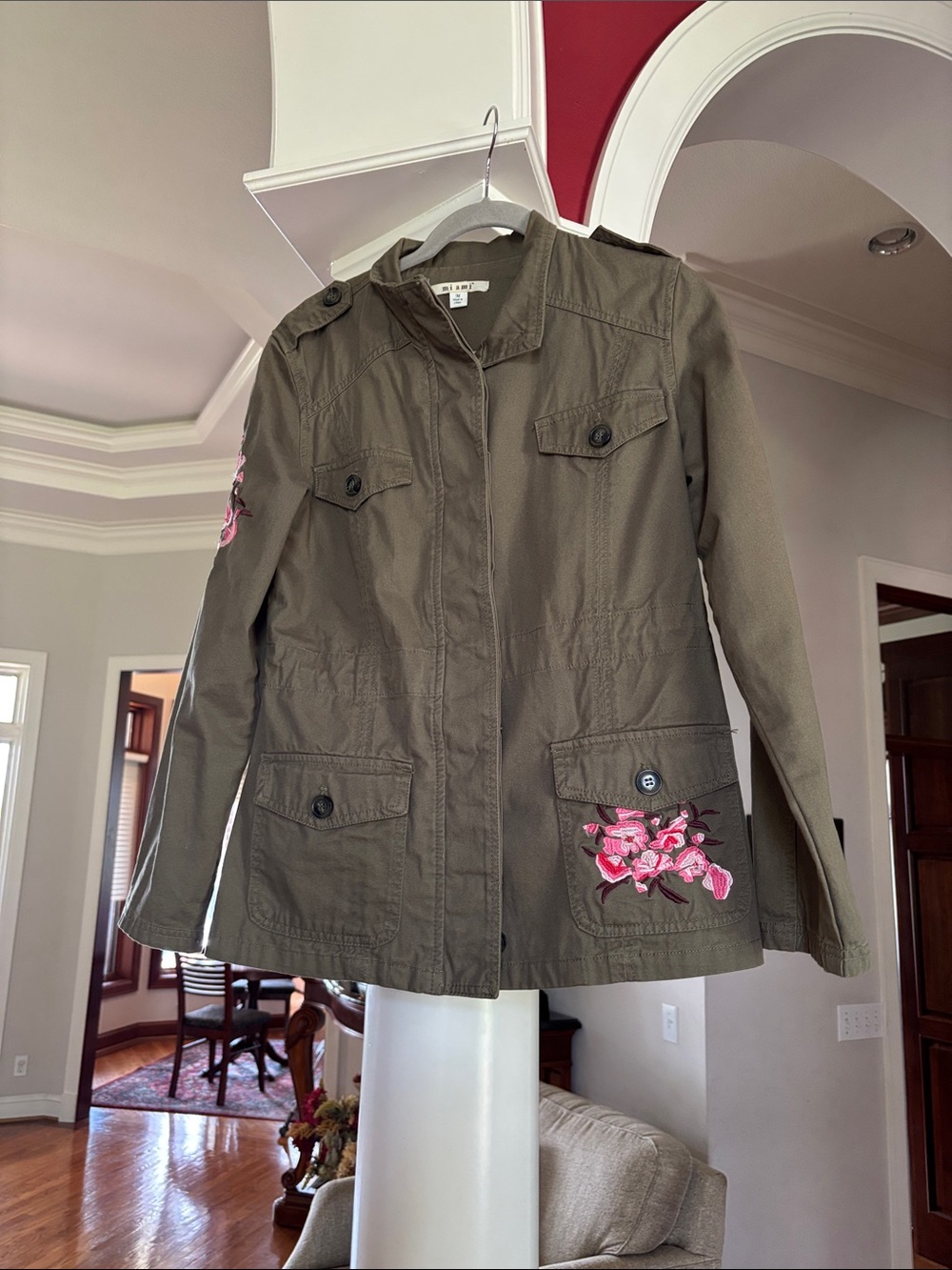 miami Olive Utility Jacket with Pink Floral Patch